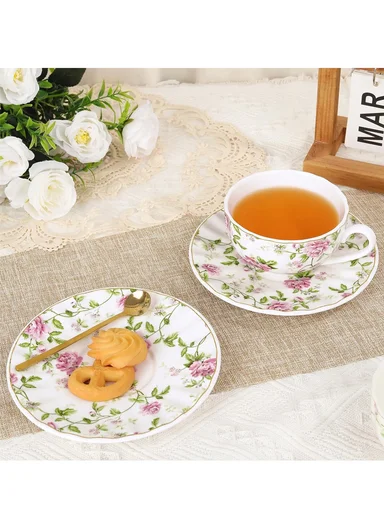 2 Pieces 190ml Floral Ceramic Tea Cup For Two People Withe 2 Pieces Saucers -Pink