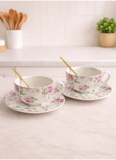 2 Pieces 190ml Floral Ceramic Tea Cup For Two People Withe 2 Pieces Saucers -Pink