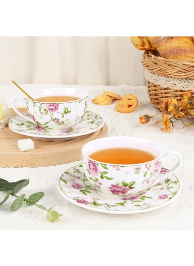 2 Pieces 190ml Floral Ceramic Tea Cup For Two People Withe 2 Pieces Saucers -Pink