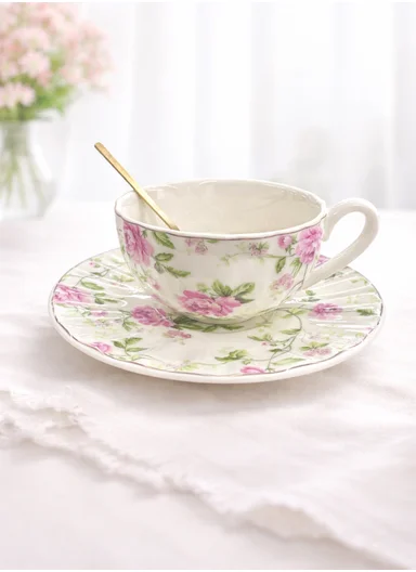 2 Pieces 190ml Floral Ceramic Tea Cup For Two People Withe 2 Pieces Saucers -Pink