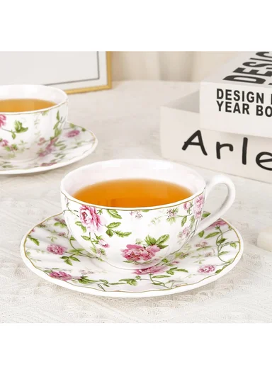 2 Pieces 190ml Floral Ceramic Tea Cup For Two People Withe 2 Pieces Saucers -Pink
