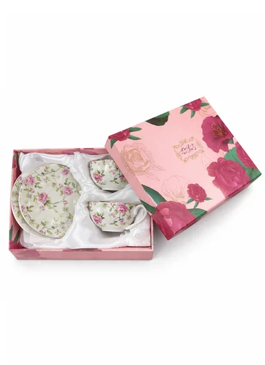 2 Pieces 190ml Floral Ceramic Tea Cup For Two People Withe 2 Pieces Saucers -Pink