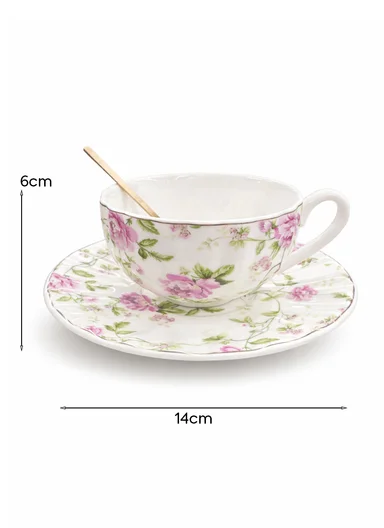 2 Pieces 190ml Floral Ceramic Tea Cup For Two People Withe 2 Pieces Saucers -Pink