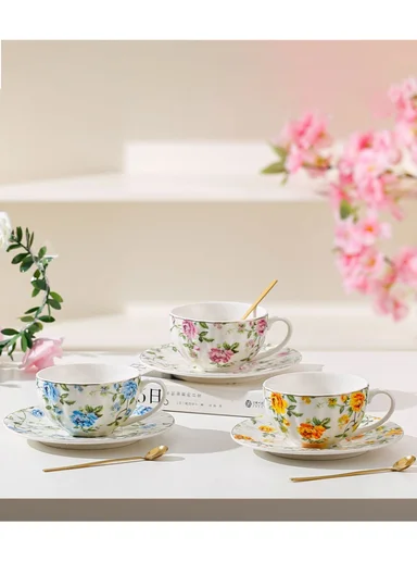 2 Pieces 190ml Floral Ceramic Tea Cup For Two People Withe 2 Pieces Saucers -Pink