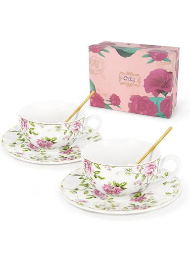 2 Pieces 190ml Floral Ceramic Tea Cup For Two People Withe 2 Pieces Saucers -Pink
