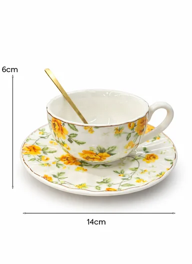 2 Pieces 190ml Floral Ceramic Tea Cup For Two People Withe 2 Pieces Saucers-Yellow