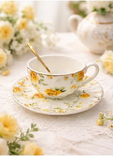 2 Pieces 190ml Floral Ceramic Tea Cup For Two People Withe 2 Pieces Saucers-Yellow