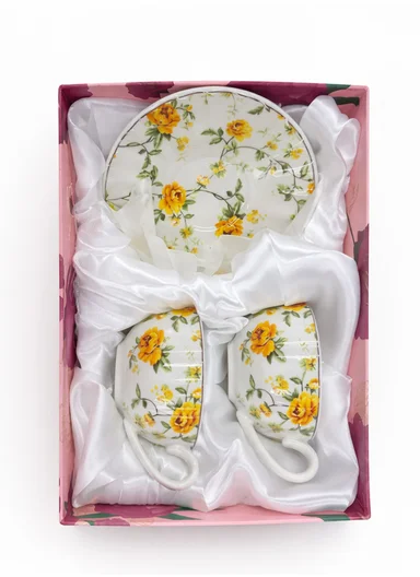 2 Pieces 190ml Floral Ceramic Tea Cup For Two People Withe 2 Pieces Saucers-Yellow