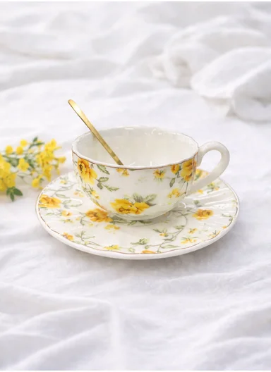 2 Pieces 190ml Floral Ceramic Tea Cup For Two People Withe 2 Pieces Saucers-Yellow