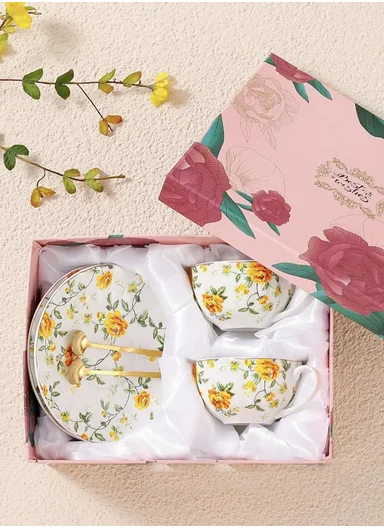 2 Pieces 190ml Floral Ceramic Tea Cup For Two People Withe 2 Pieces Saucers-Yellow