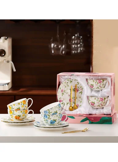 2 Pieces 190ml Floral Ceramic Tea Cup For Two People Withe 2 Pieces Saucers-Yellow