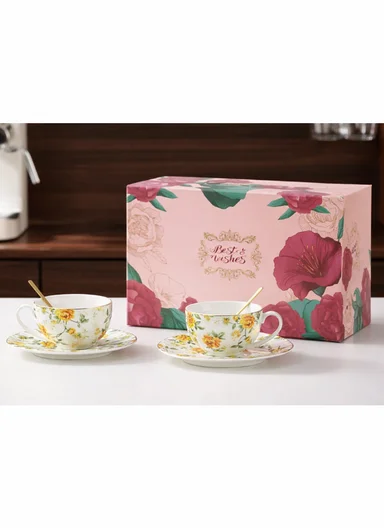 2 Pieces 190ml Floral Ceramic Tea Cup For Two People Withe 2 Pieces Saucers-Yellow