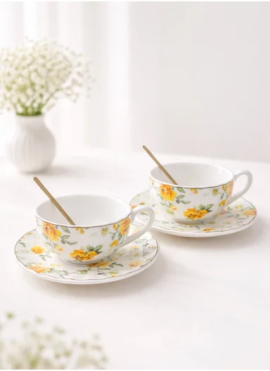 2 Pieces 190ml Floral Ceramic Tea Cup For Two People Withe 2 Pieces Saucers-Yellow