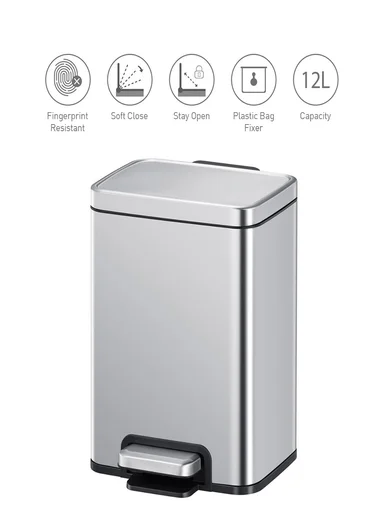 12L Stainless Steel Trash Bin With Foot Pedal (W26 x D18 x H38)cm G74-A7 - Silver
