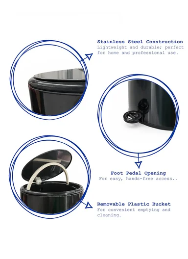 12L Light Luxury Stainless Steel Garbage Bin With Foot Pedal (D25 x H41)cm SM-K060 - Black