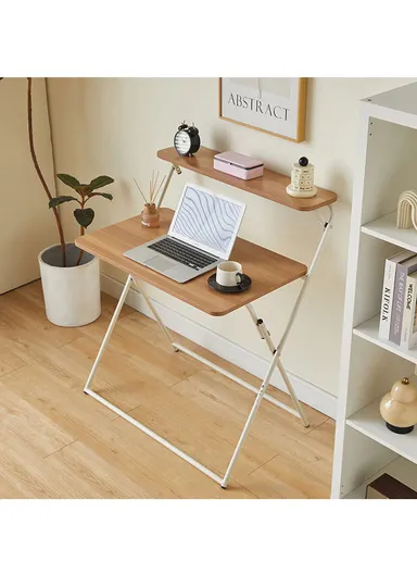 Folding Computer Desk, Workstation &amp; Study Table with Upper Shelf, Space-Saving Folding Design YM123 (W80 x D55 x H98)cm - Oak