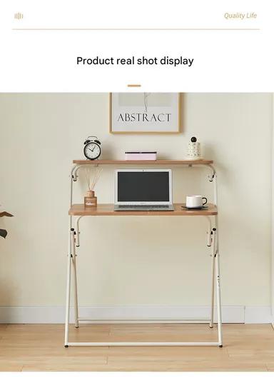 Folding Computer Desk, Workstation &amp; Study Table with Upper Shelf, Space-Saving Folding Design YM123 (W80 x D55 x H98)cm - Oak