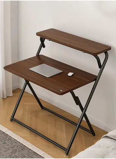 Folding Computer Desk, Workstation &amp; Study Table with Upper Shelf, Space-Saving Folding Design YM123 (W80 x D55 x H98)cm - Oak
