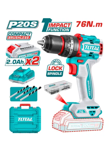 20V 76Nm Brushless Impact Drill + 2 Batteries &amp; Charger TIDLI20768