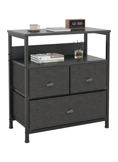 2-Layer 3-Drawer Non-Woven Fabric Storage Cabinet with Open Shelf, Display Stand End Table (W58 x D30 x H63)cm 3D001 - Black