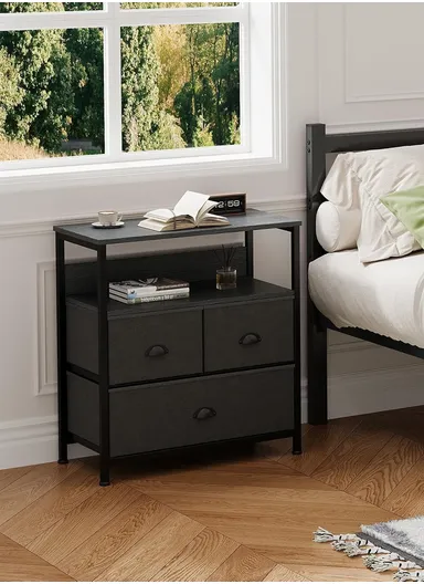 2-Layer 3-Drawer Non-Woven Fabric Storage Cabinet with Open Shelf, Display Stand End Table (W58 x D30 x H63)cm 3D001 - Black