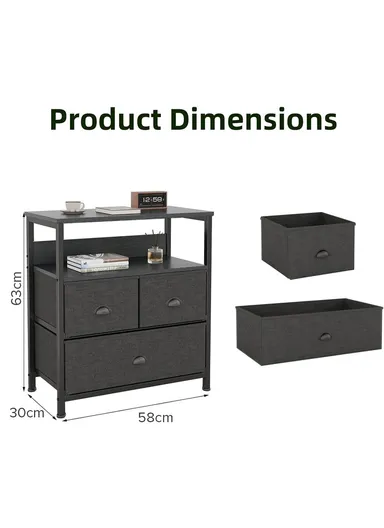 2-Layer 3-Drawer Non-Woven Fabric Storage Cabinet with Open Shelf, Display Stand End Table (W58 x D30 x H63)cm 3D001 - Black