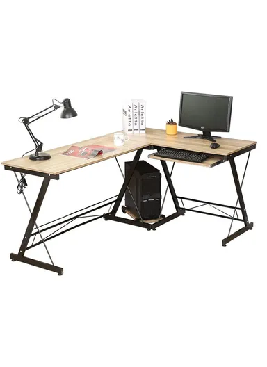 Versatile L-Shaped Desk with Keyboard Tray &amp; PC Tower Stand (W120 x D48 x H74)cm 0035 - Light Wood
