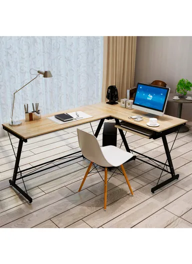 Versatile L-Shaped Desk with Keyboard Tray &amp; PC Tower Stand (W120 x D48 x H74)cm 0035 - Light Wood