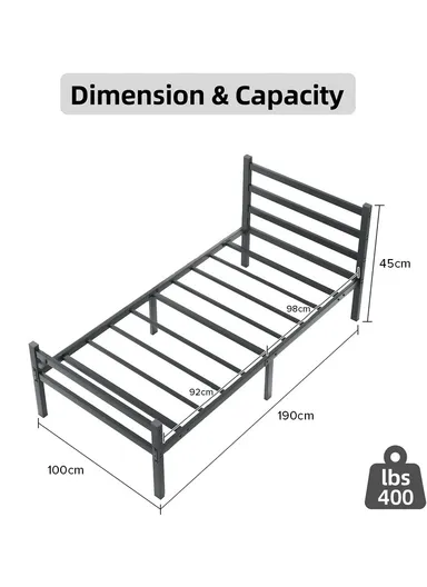 39-inch Heavy-Duty Twin Size Steel Bed Frame with Anti-Slide Locks &amp; Protective Non-Scratch Feet (L190 x W100 x H45)cm - Black
