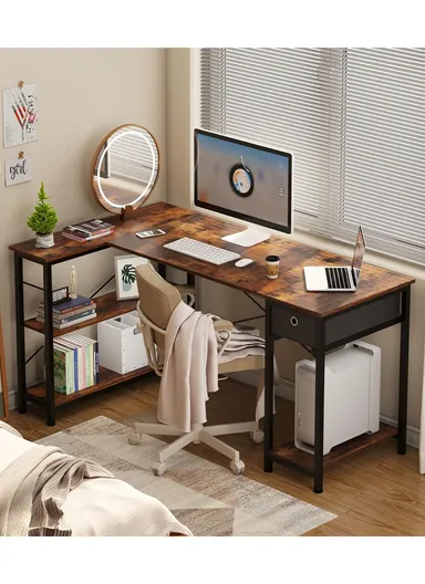 L-Shaped Desk with 3 Storage Shelves &amp; Non-Woven Drawer, Home Office Writing Corner Desk (W144 x D80 x H74)cm - Tiger Wood
