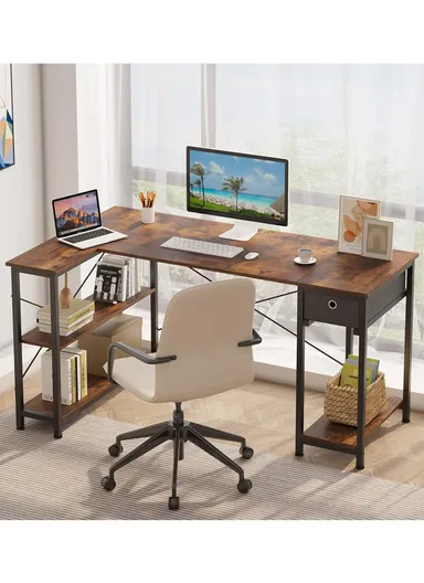 L-Shaped Desk with 3 Storage Shelves &amp; Non-Woven Drawer, Home Office Writing Corner Desk (W144 x D80 x H74)cm - Tiger Wood