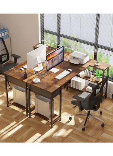 L-Shaped Desk with 3 Storage Shelves &amp; Non-Woven Drawer, Home Office Writing Corner Desk (W144 x D80 x H74)cm - Tiger Wood