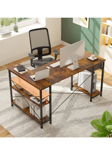 L-Shaped Desk with 3 Storage Shelves &amp; Non-Woven Drawer, Home Office Writing Corner Desk (W144 x D80 x H74)cm - Tiger Wood
