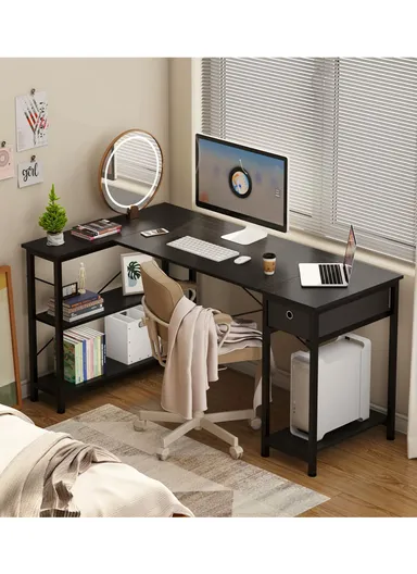 L-Shaped Desk with 3 Storage Shelves &amp; Non-Woven Drawer, Home Office Writing Corner Desk (W144 x D80 x H74)cm - Black