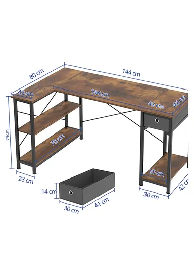 L-Shaped Desk with 3 Storage Shelves &amp; Non-Woven Drawer, Home Office Writing Corner Desk (W144 x D80 x H74)cm - Black