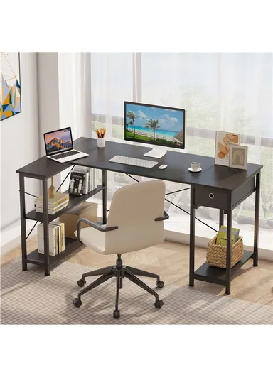 L-Shaped Desk with 3 Storage Shelves &amp; Non-Woven Drawer, Home Office Writing Corner Desk (W144 x D80 x H74)cm - Black