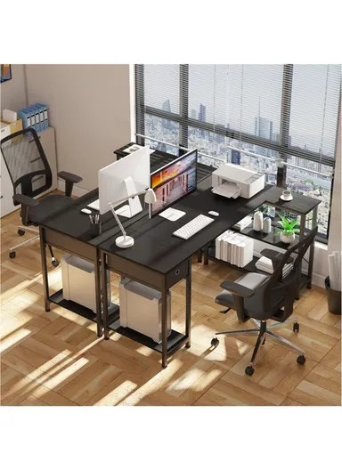L-Shaped Desk with 3 Storage Shelves &amp; Non-Woven Drawer, Home Office Writing Corner Desk (W144 x D80 x H74)cm - Black