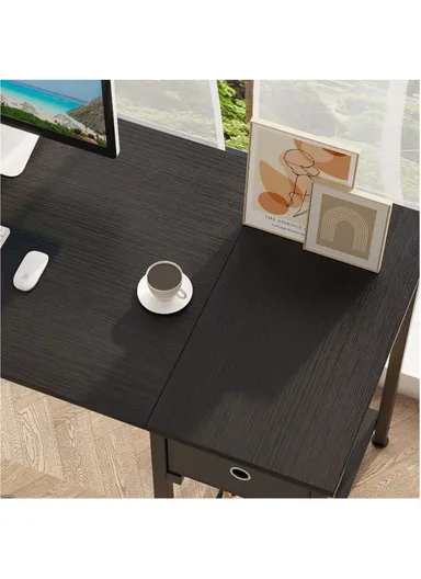 L-Shaped Desk with 3 Storage Shelves &amp; Non-Woven Drawer, Home Office Writing Corner Desk (W144 x D80 x H74)cm - Black