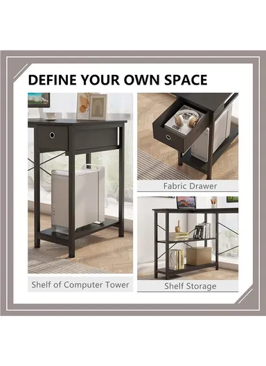 L-Shaped Desk with 3 Storage Shelves &amp; Non-Woven Drawer, Home Office Writing Corner Desk (W144 x D80 x H74)cm - Black