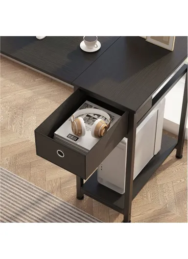 L-Shaped Desk with 3 Storage Shelves &amp; Non-Woven Drawer, Home Office Writing Corner Desk (W144 x D80 x H74)cm - Black