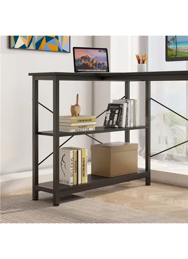 L-Shaped Desk with 3 Storage Shelves &amp; Non-Woven Drawer, Home Office Writing Corner Desk (W144 x D80 x H74)cm - Black