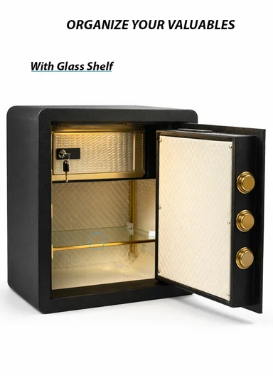 26Kg (L39 x W34 x H45)cm High-Security Digital Keypad Steel Safe Box with Rotating Knob, Glass Shelf &amp; Leather Interior K5-450