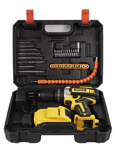 21V Cordless Lithium-Ion Impact Drill Set with Dual Speed, Horizontal Bubble Level, LED Light &amp; 10mm Keyless Chuck HEK-P1015-2