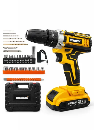 21V Cordless Lithium-Ion Impact Drill Set with Dual Speed, Horizontal Bubble Level, LED Light &amp; 10mm Keyless Chuck HEK-P1015-2