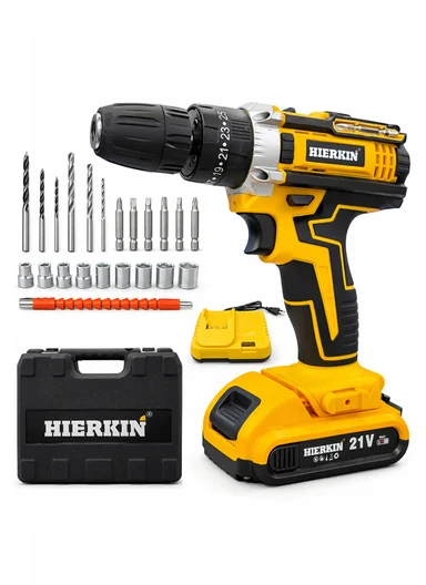 21V Portable Rechargeable Electric Impact Drill Set with LED Light, 2 Speeds &amp; Desktop Charging Dock HEK-P1015-3
