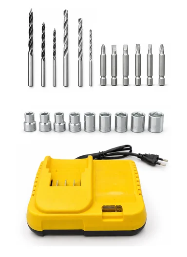 21V Portable Rechargeable Electric Impact Drill Set with LED Light, 2 Speeds &amp; Desktop Charging Dock HEK-P1015-3