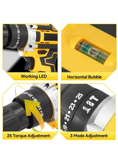 21V Cordless Electric Drill Set with 3 Drill Modes, Adjustable Torque, 2 Speeds, LED Light &amp; Horizontal Bubble Level HEK-P1015-4
