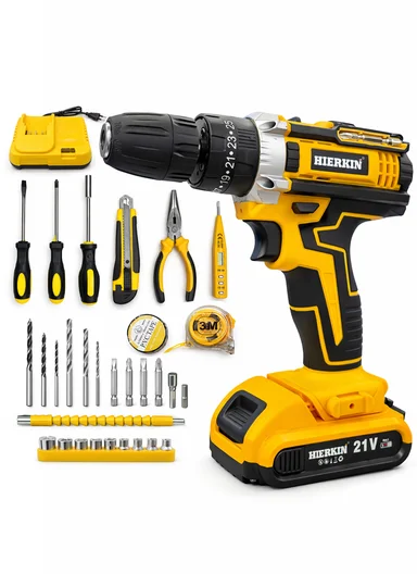 35Pcs Home Repair Kit, 21V Cordless Impact Drill with Pliers, Knife, Voltage Tester &amp; Measuring Tape HEK-P1015-6