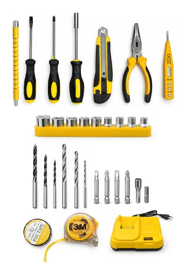 35Pcs Home Repair Kit, 21V Cordless Impact Drill with Pliers, Knife, Voltage Tester &amp; Measuring Tape HEK-P1015-6