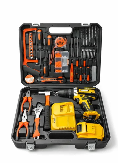 50Pcs Ultimate 21V Power Drill &amp; Hand Tool Combo Set with Hacksaw, Hammer &amp; Wrench HEK-P1015-7